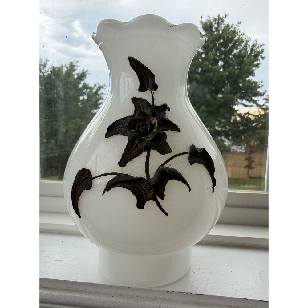 Vintage Falkenstein Milk Glass Hurricane Lamp Shade Hollywood Regency Floral 7”